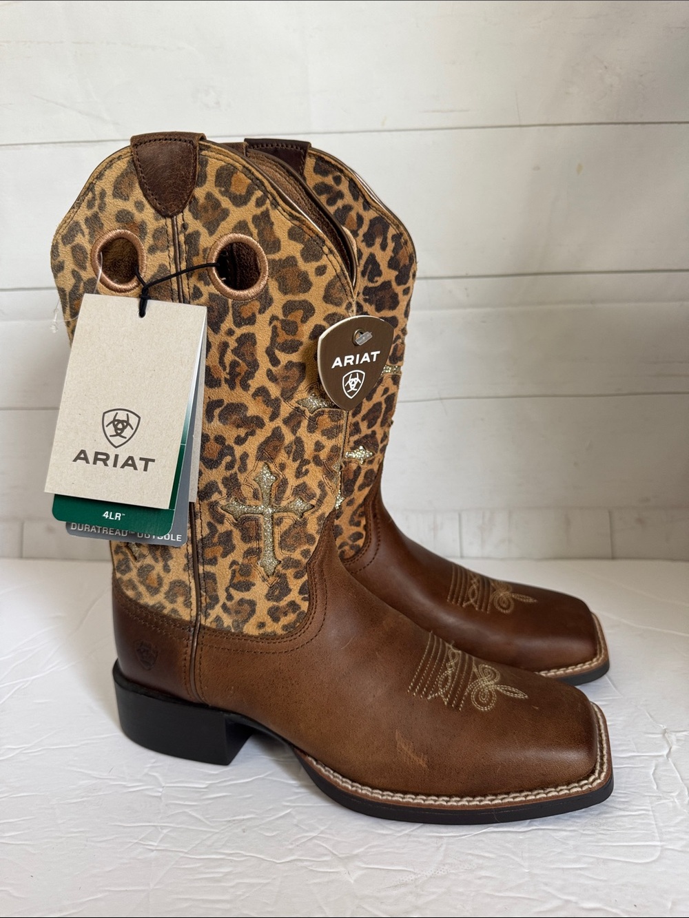 Ariat Sz 6B Round Up Crossroads Brown Leather Cowboy Boots Leopard Print Western